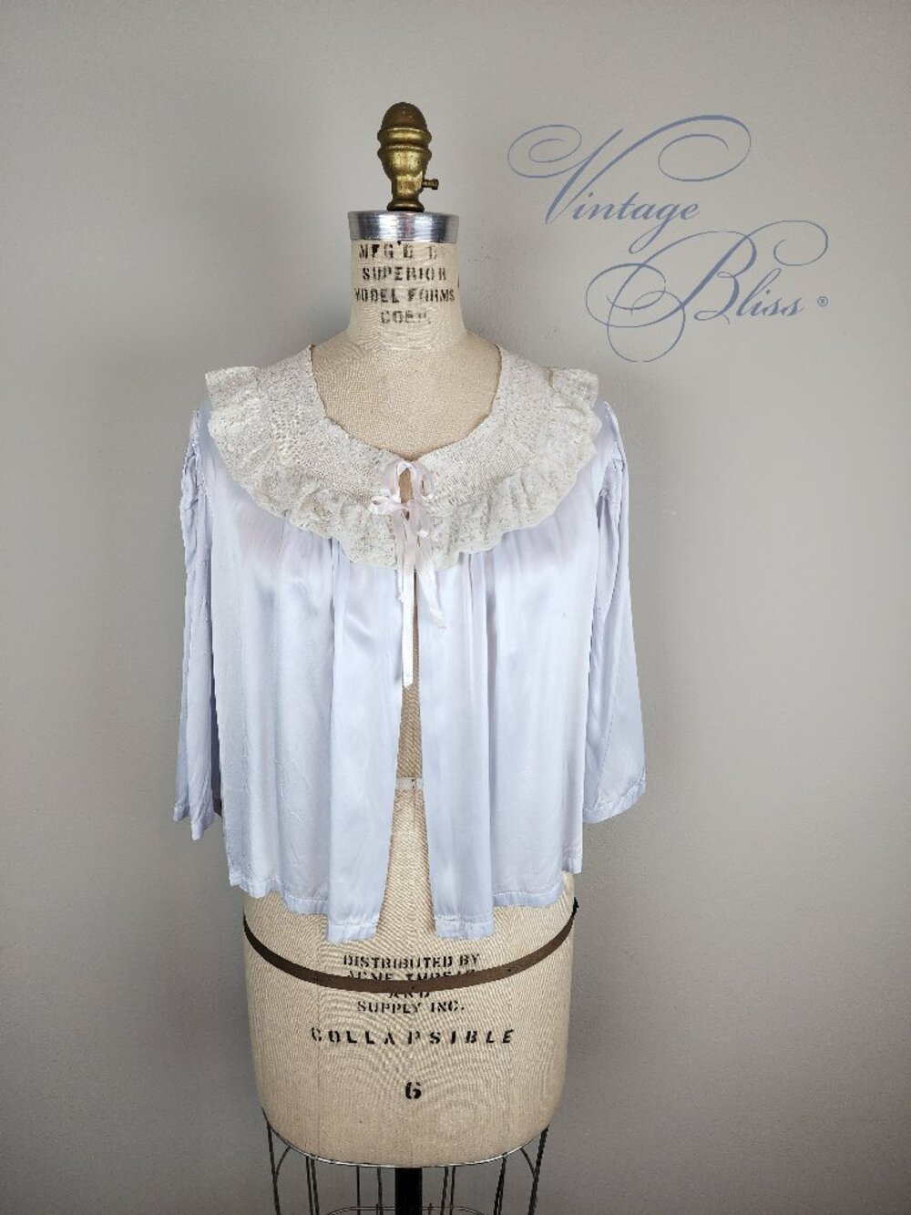 Vintage 1930's Luxe Pale Blue Satin & Intricate Cream Lace Boudoir Bed Jacket
